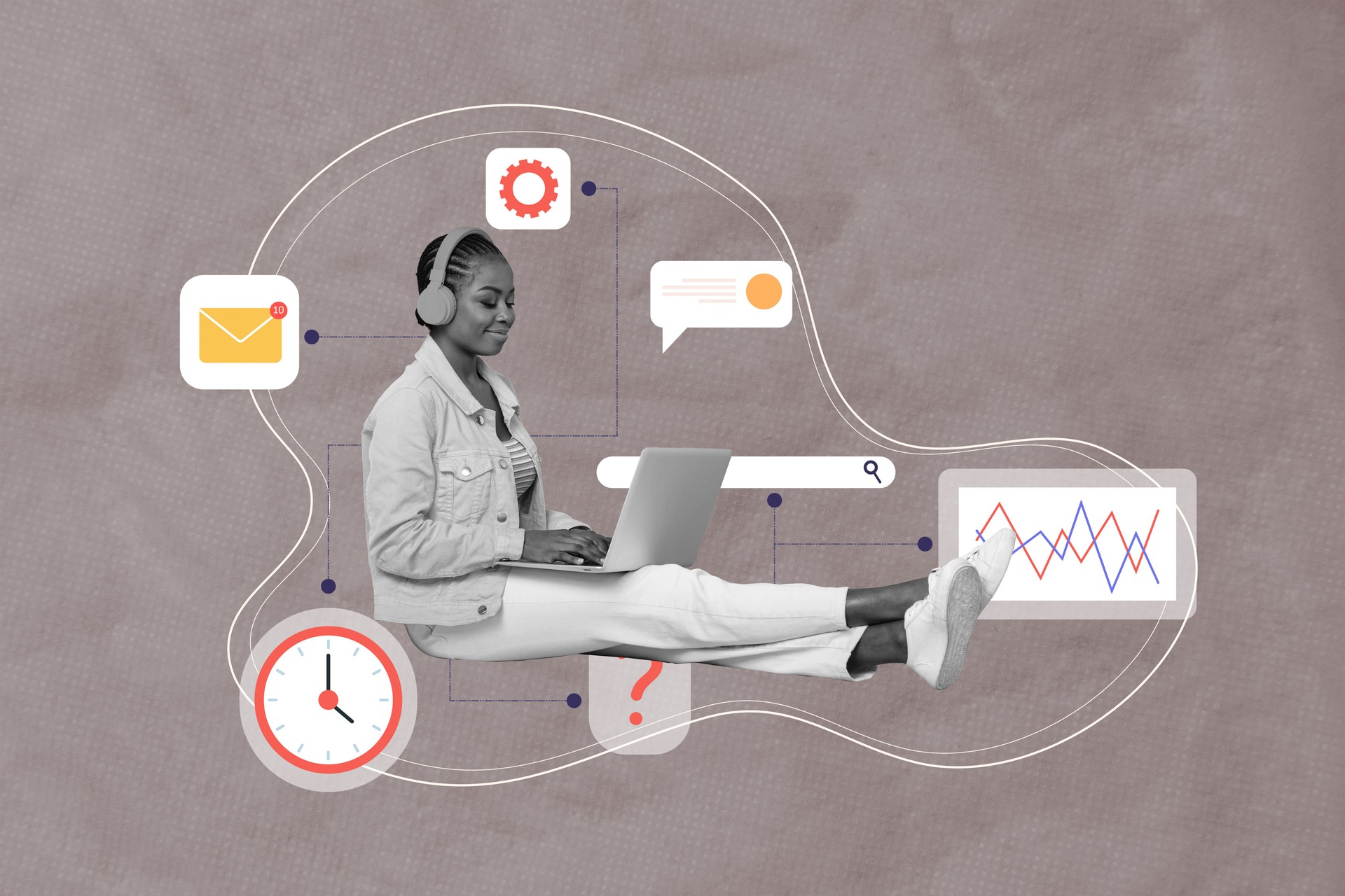 Creative collage sitting young pretty girl browsing computer laptop multitasking freelancer diagram deadline messenger notification icon