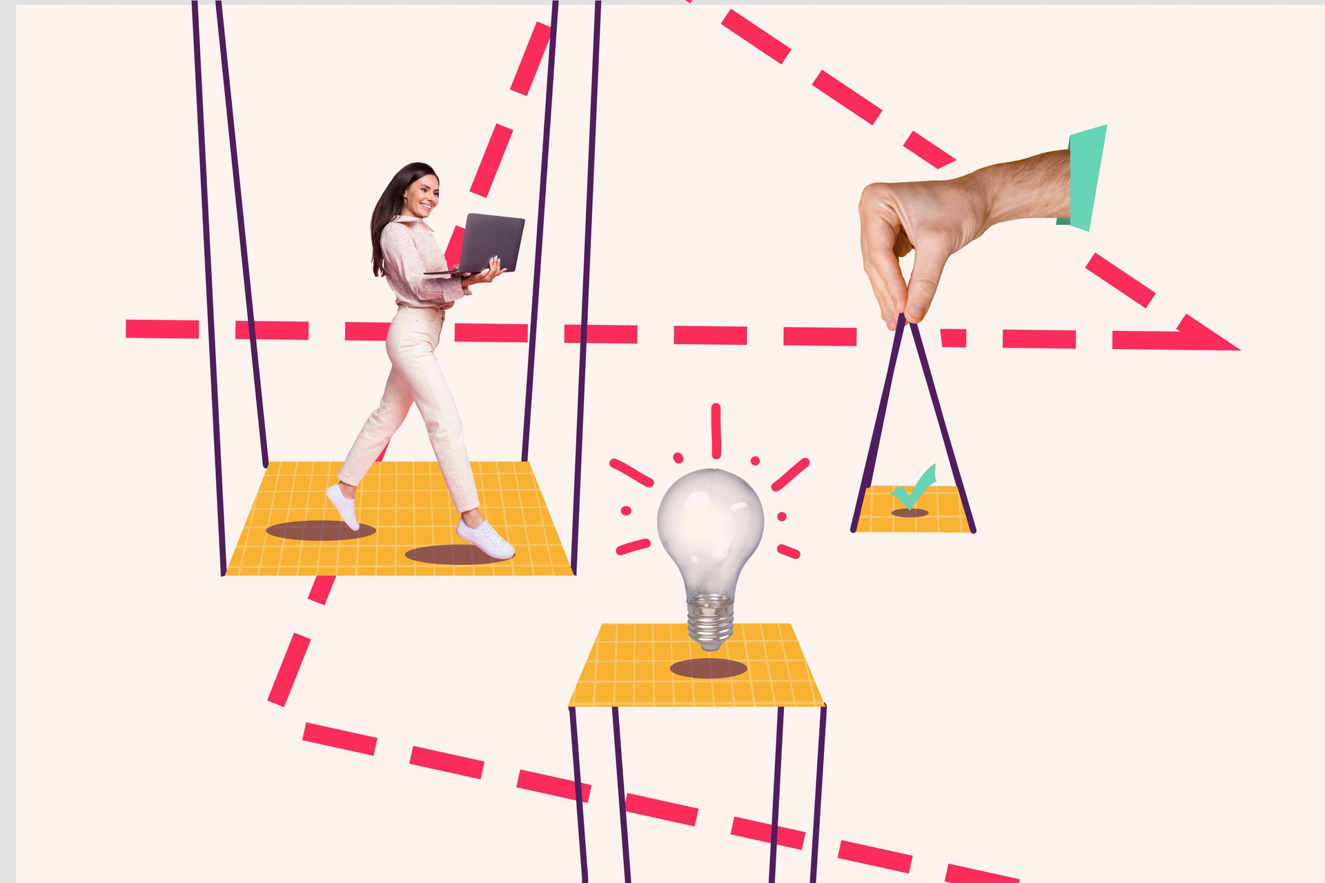 Horizontal surreal photo collage with busy businesswoman work online hold laptop walk on platforms checkmark done lightbulb idea solution