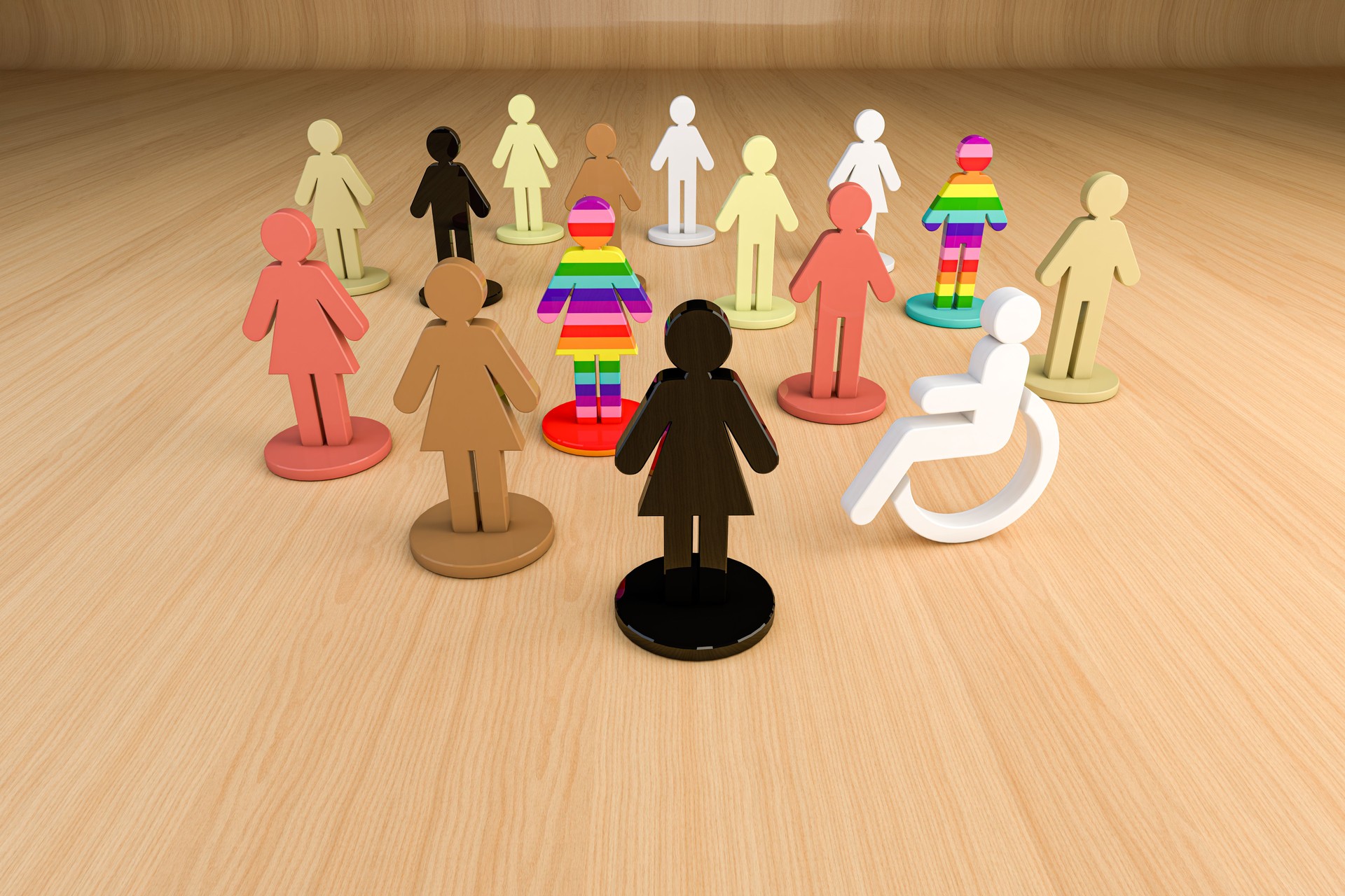 3D illustration of colorful human figures representing diversity and inclusion, with different skin tones and patterns symbolizing equality, respect and unity in a multicultural environment
